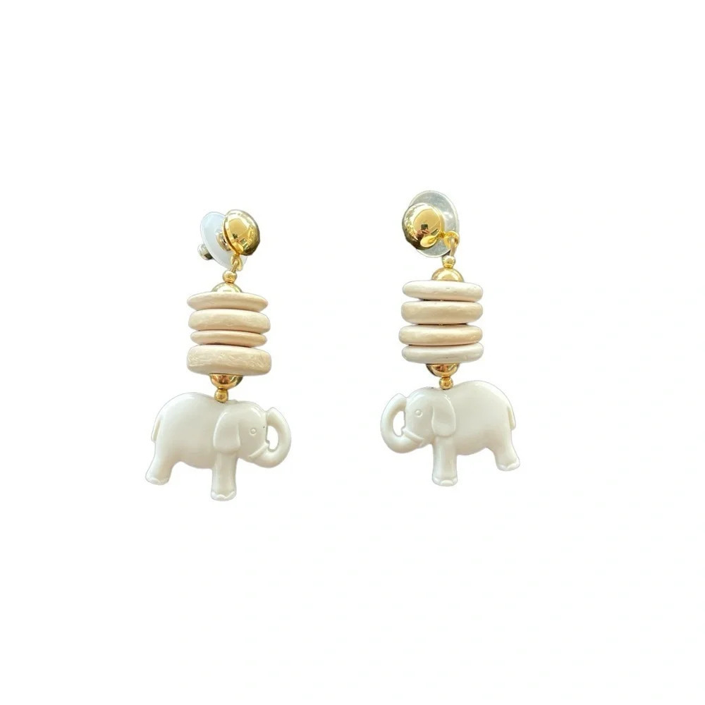 Elephant Earrings Women’s Animal Jewelry Hanging Gold Tone Ball Cream Gold